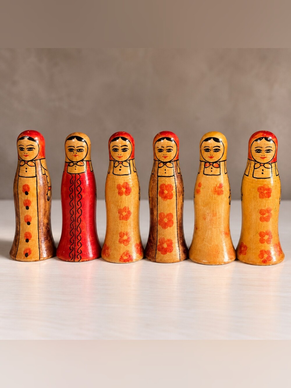 Vintage Russian Folk Art Wooden Dolls Set of 6 Hand Painted Floral Figurines